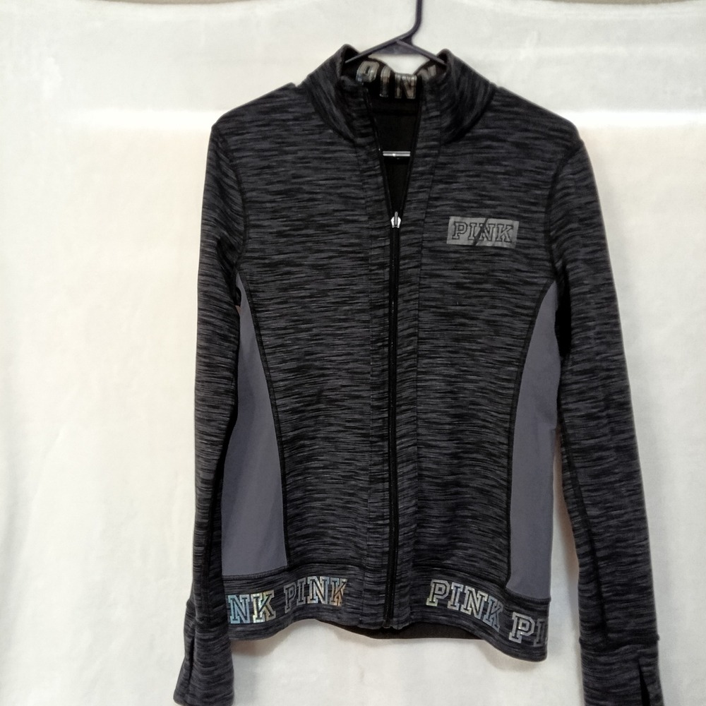 Victorias Secret PINK Reversible Full Zip Track Jacket Space Dye Black Gray XS S
